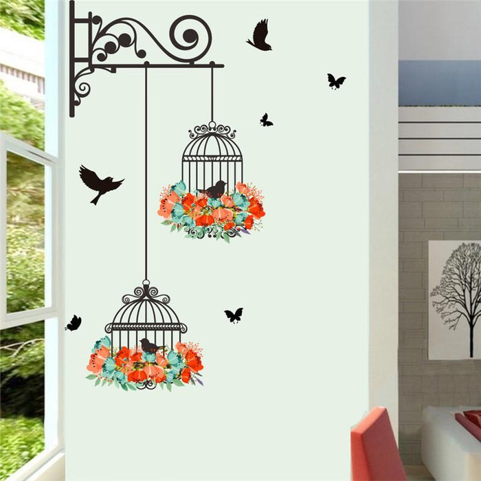 Colorful Flower Birdcage Wall Sticker Decals Flying Birds Plants Adhesive Living Room Wallpaper