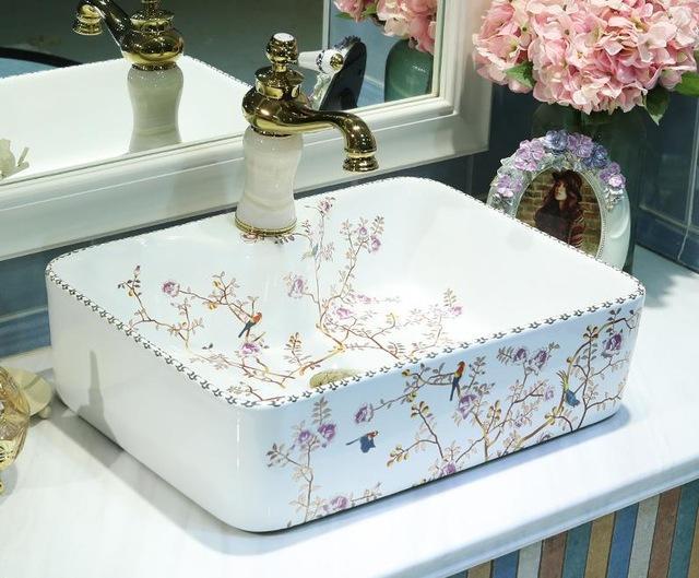 Jingdezhen Bathroom Ceramic Sink Wash Basin Counter Top Wash Basin Bathroom Sinks Vanity Sink Flower