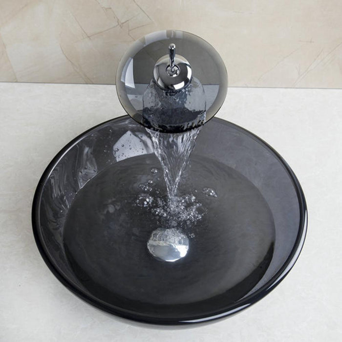 Kemaidi Bathroom Black Clear Tempered Glass Vessel Sink Bowl Faucet Combo W Pop Up Drain Artistic