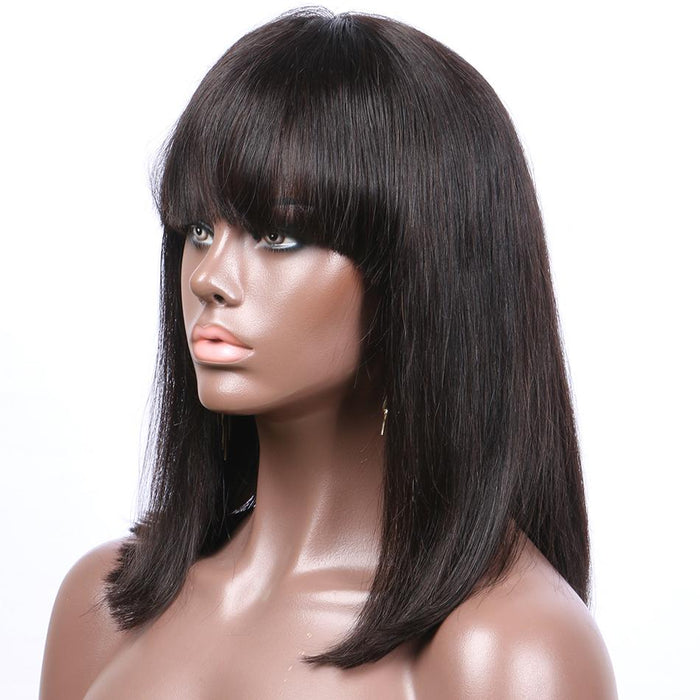 Luffy Straight Short Bob Lace Front Human Hair Wigs With Bangs Natural Color Indian Non Remy Hair