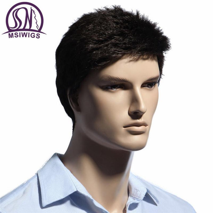 Msiwigs Straight Short Men Wigs Heat Resistant Japanese Fiber Dark Brown Natural Hair Male Synthetic
