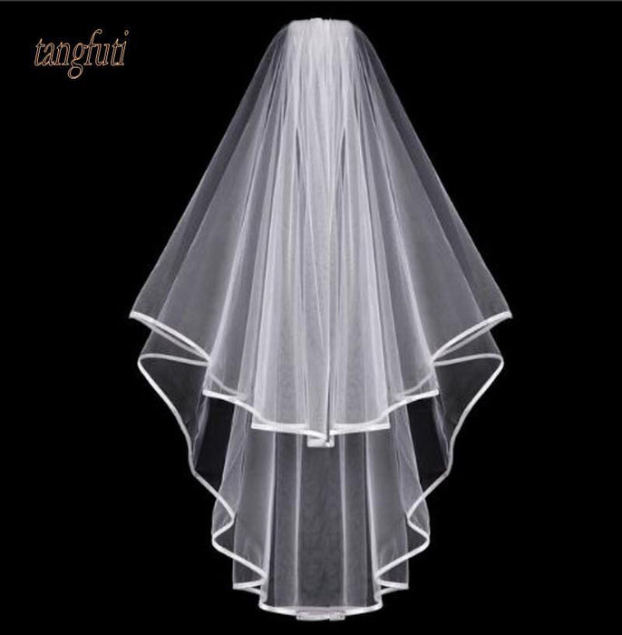 Simple Tulle White Ivory Two Layers Wedding Veils Ribbon Edge Comb