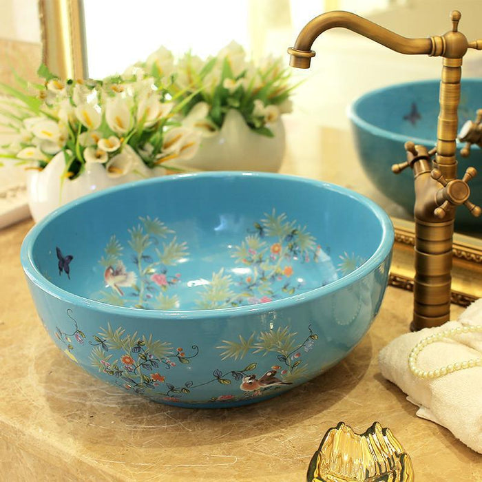 Square Europe Vintage Style Art Chinese Countertop Basin Sink Handmade Ceramic Bathroom Vessel Sinks