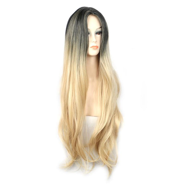 Woman Straight Ombre Long Blonde Wig Dark Roots Blonde Hair