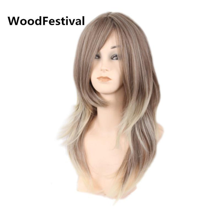Woodfestival Women Wig Long Straight Hair Brown Black Blonde Mixed