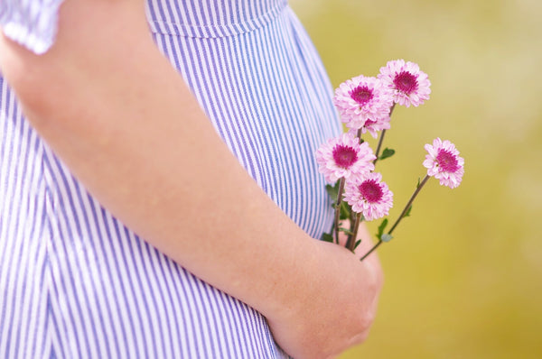 Closeup of pregnant woman's belly as she holds flowers near her baby bump - BabyHeart Australia