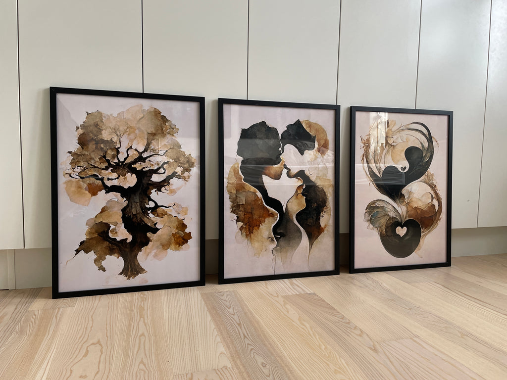 Beige watercolor posters in beautiful black wooden frames