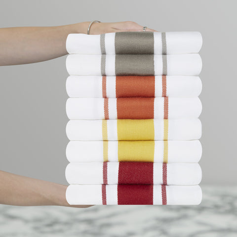 Large Set of 8 Striped Cotton Drill Tea Towels in Mixed Colours