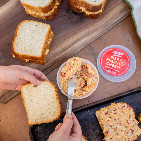 pimento cheese spread on bread for grilling