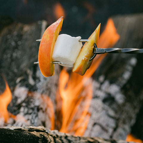 roasting marshmallows and peaches over open fire