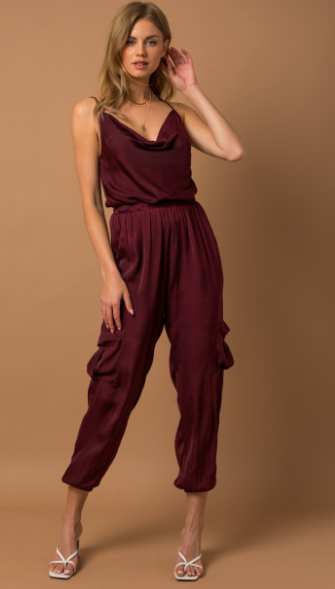 maroon satin jumpsuit