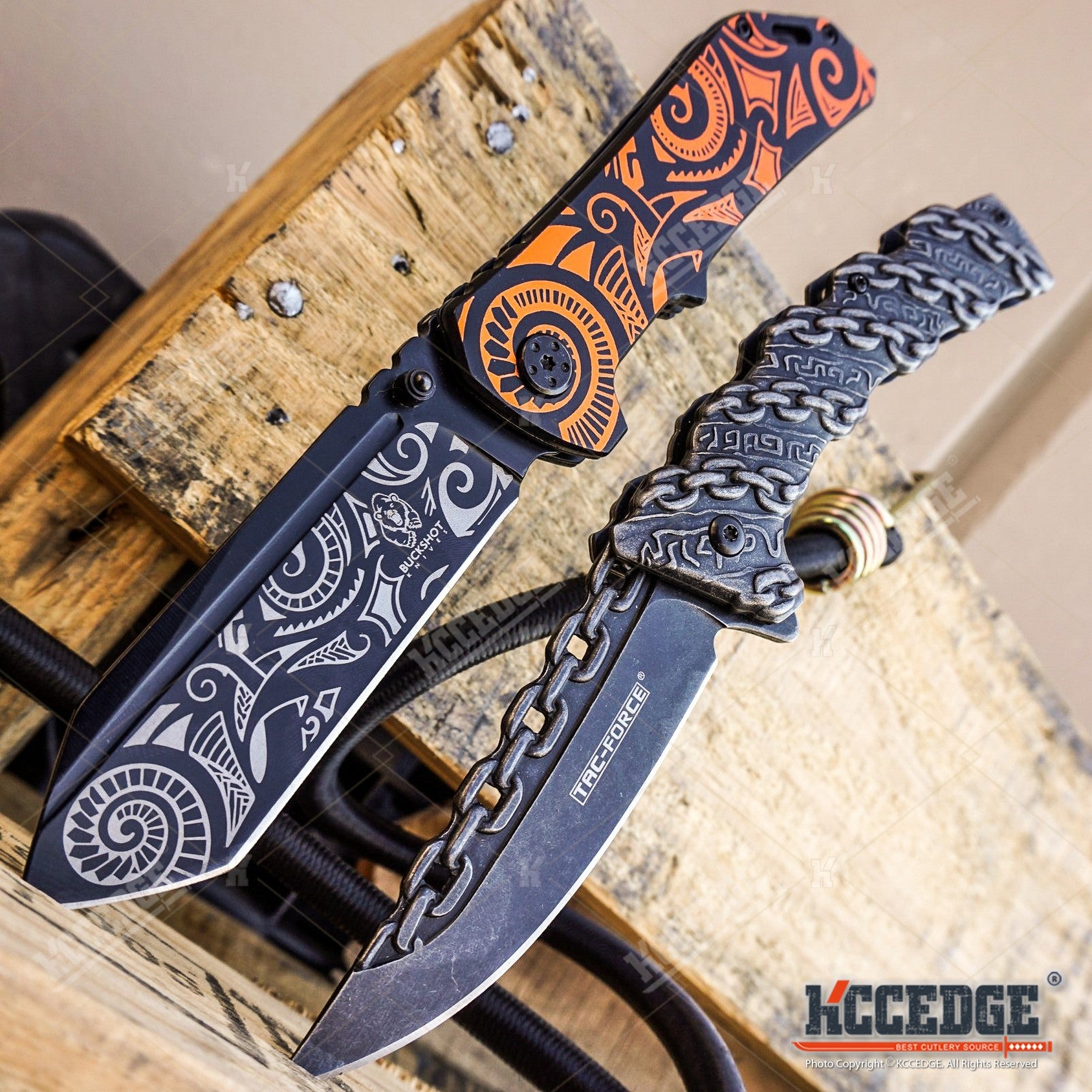2 PC TACTICAL COMBAT Assisted Open Buckshot TANTO Pocket Folding Knife RAZOR + TAC-FORCE EDC Steel Chain Design Pocket Knife Gift Set
