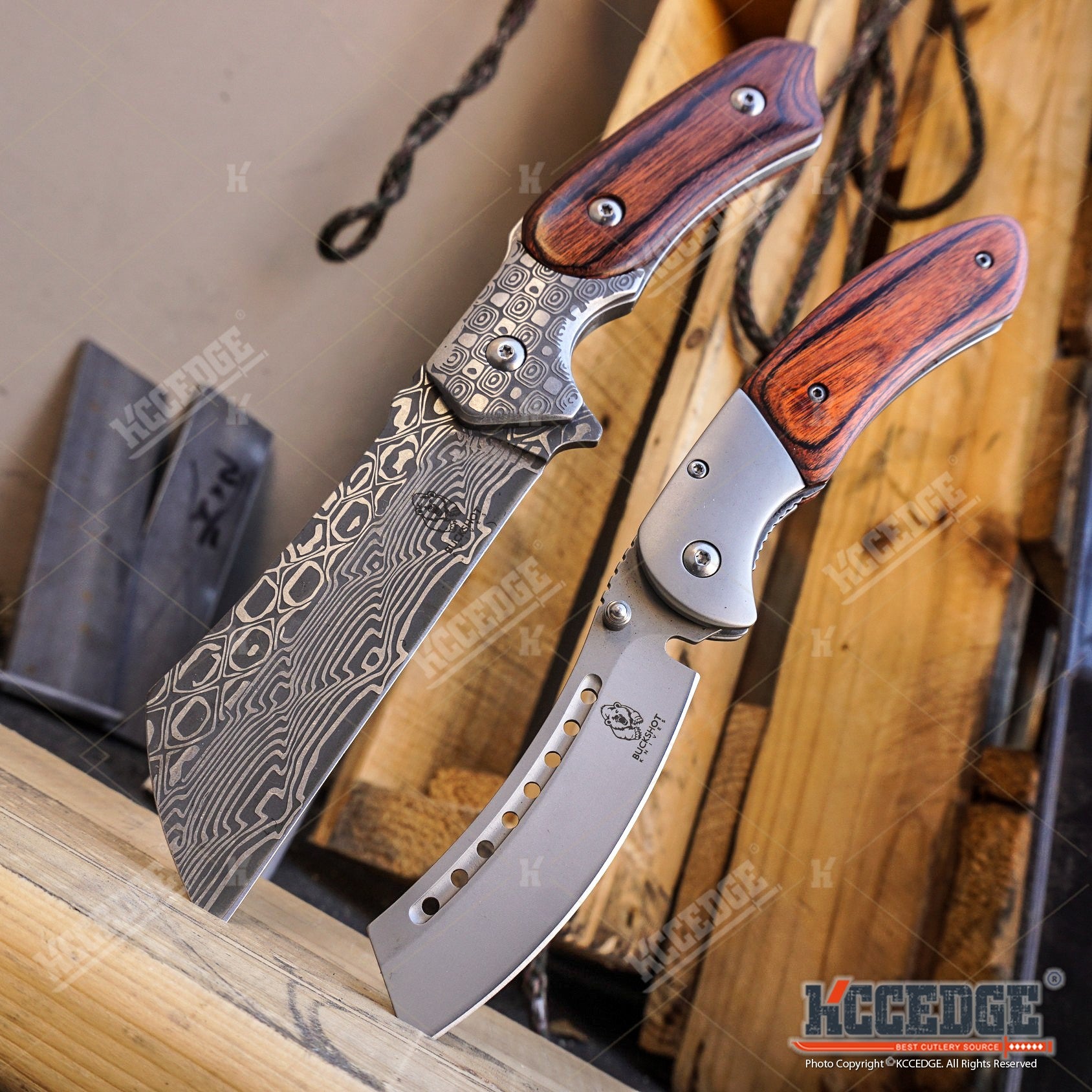 2PC Cleaver Combo Etched Damascus FIXED Cleaver + SHAVER Folding Pocket CLEAVER