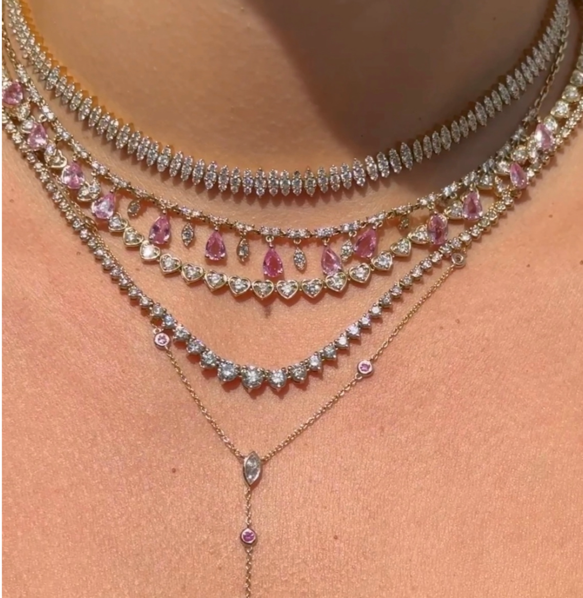 Gold Pear Shape Diamond Pink Sapphire Necklace - Monisha Melwani INC