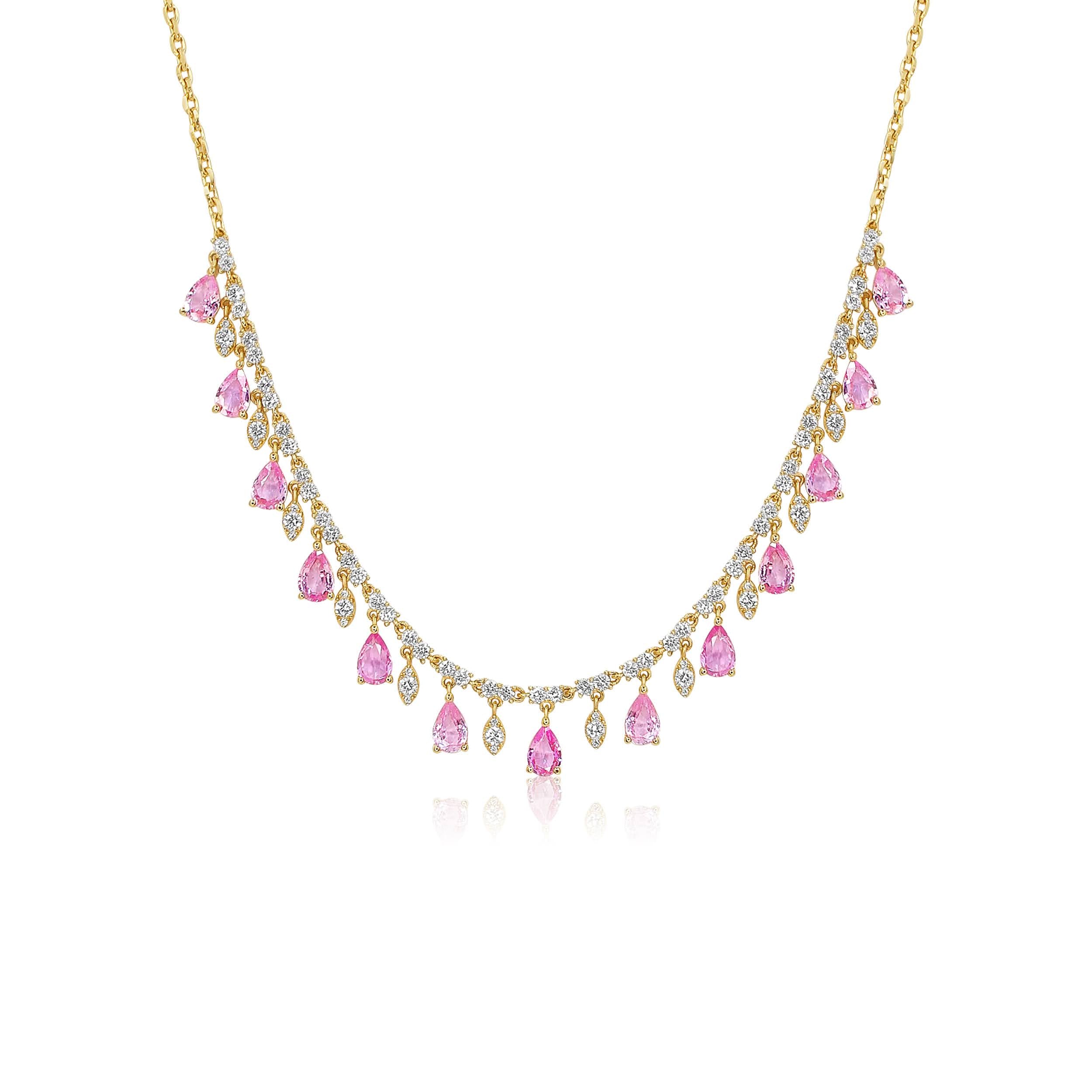 Gold Pear Shape Diamond Pink Sapphire Necklace - Monisha Melwani INC