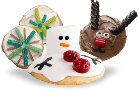 Decorated snowflake cookie, melted snowman sugar cookie, and reindeer cookie