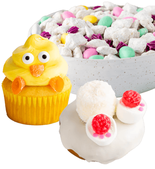 Easter chick cupcake, bunny donut, and bunny chow desserts