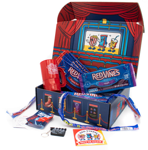 Red Vines Movie Lovers Club Box for 2024 with candy, movie trivia, key chain, sticker, and Red Vines cup