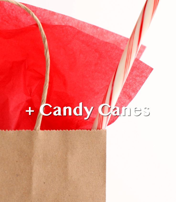 Candy canes being inserted into gift bag