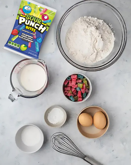 Ingredients to make Funnel Cakes with Sour Punch Assorted Bites