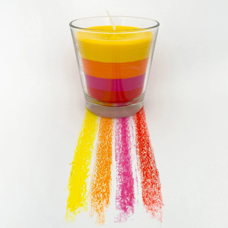 Candle craft with colorful crayon rainbow leading up to the crayon candle