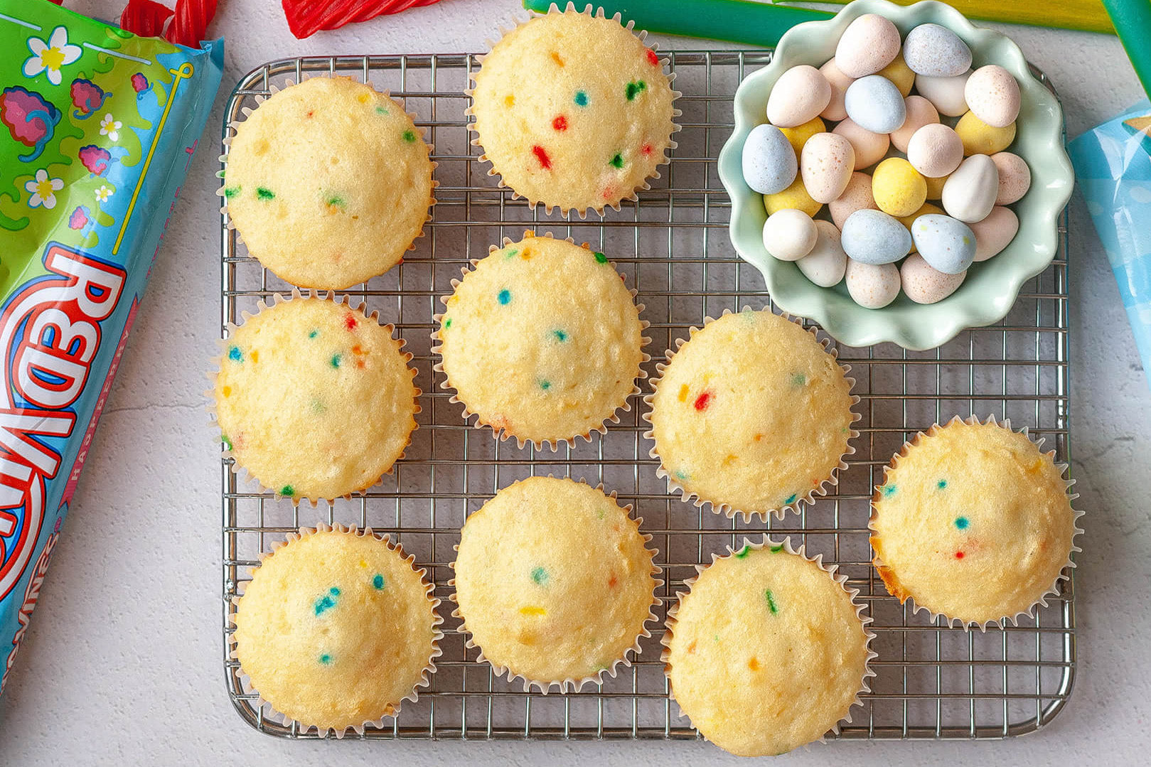 Funfetti cupcakes ready to be decorated