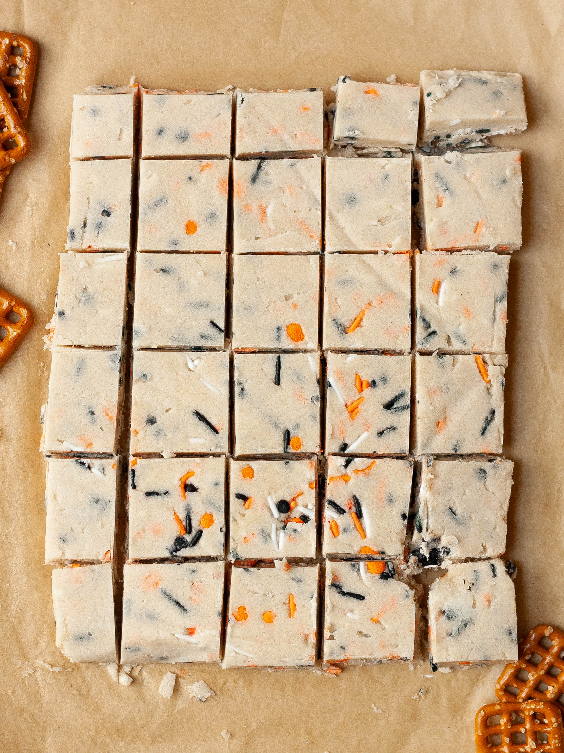 Flattened cookie dough cut into small squares