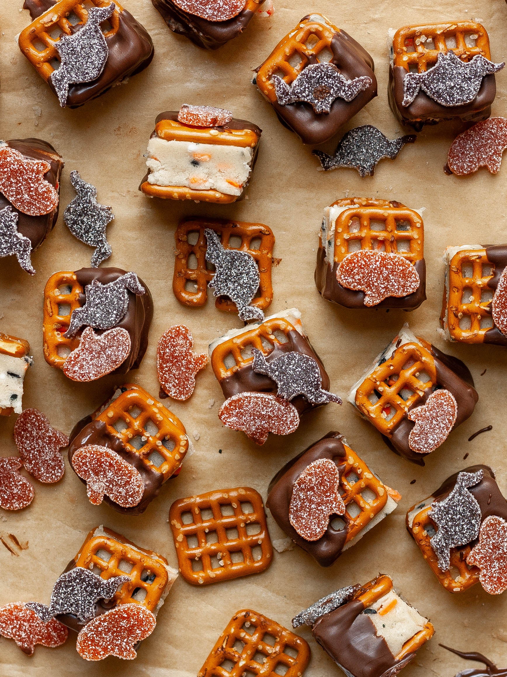 Cookie dough pretzel sandwiches topped with Sour Punch Bats & Pumpkins Halloween Candy