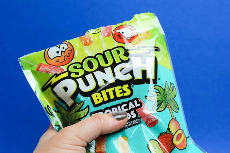 Sour Punch Tropical Bites bag being shaken up 