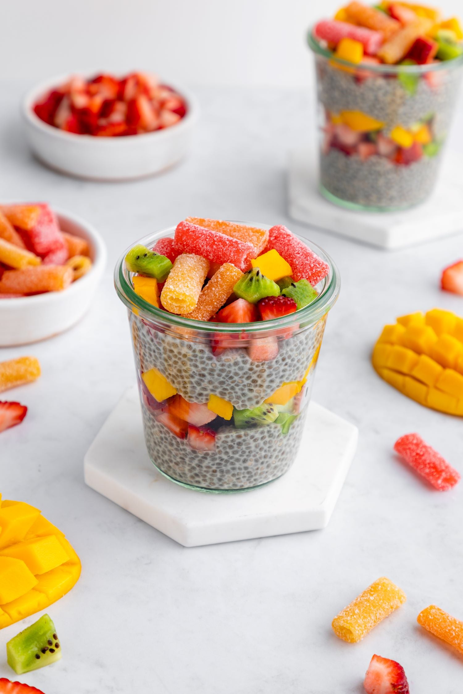 Tropical Chia Pudding Parfaits with Sour Punch Tropical Bites Candy