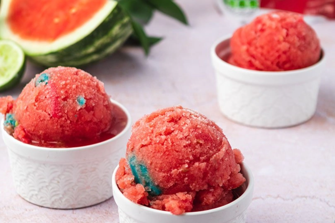 Small serving dishes of Sour Punch No-Churn Watermelon Sorbet