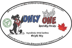 The original label for Only One Treats dried sardines