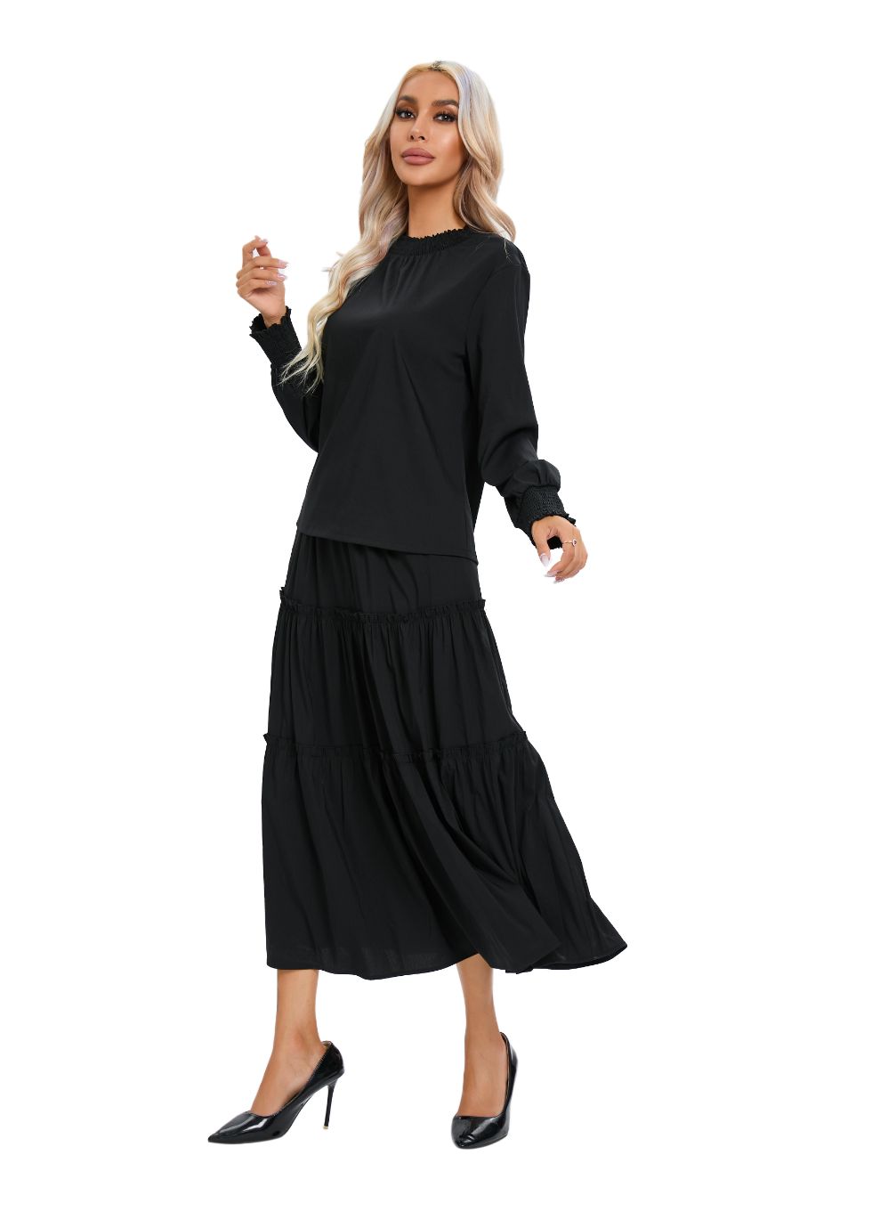 Long Sleeve Top and Tiered Skirt Midi Dress Set - alamaud