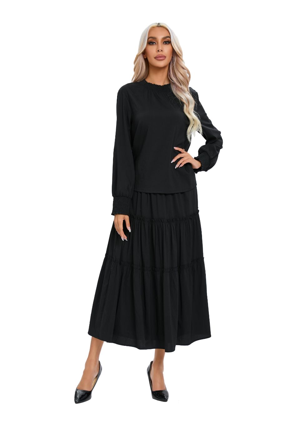 Long Sleeve Top and Tiered Skirt Midi Dress Set - seilerlanguageservices