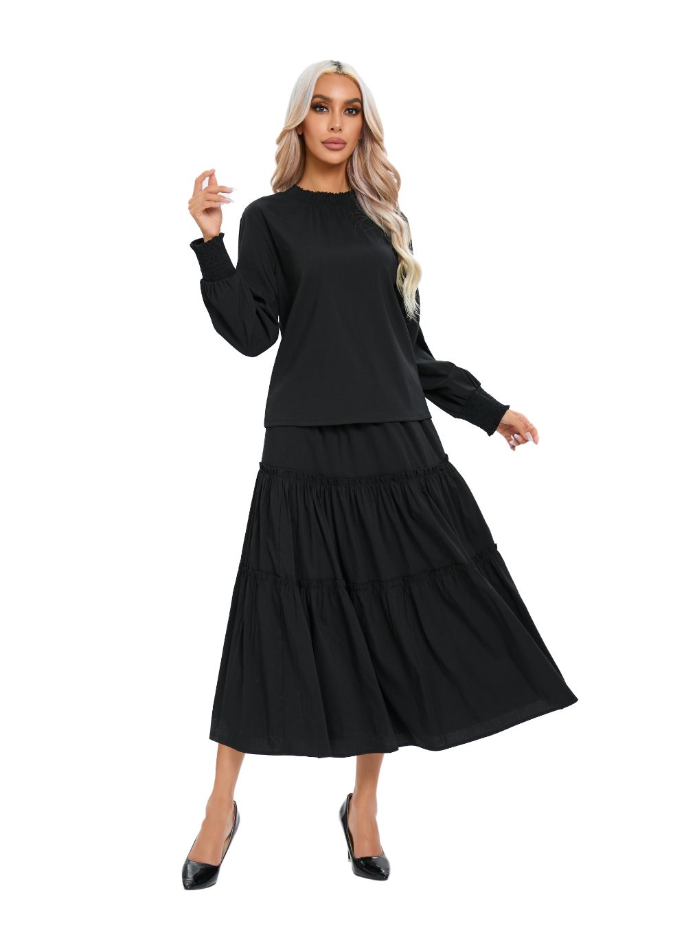 Long Sleeve Top and Tiered Skirt Midi Dress Set - seilerlanguageservices