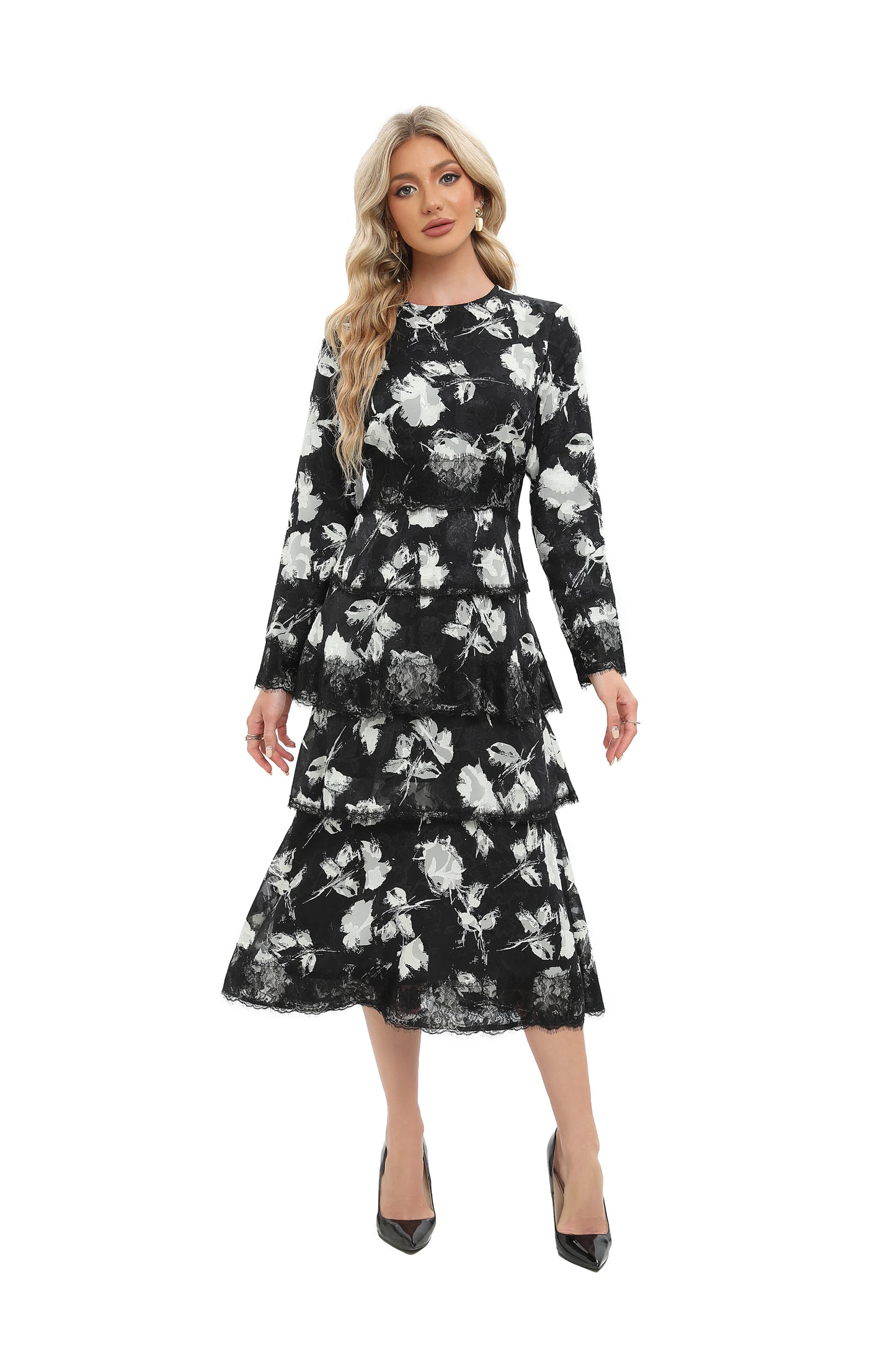 Monochrome Print Lace Detail Midi Dress