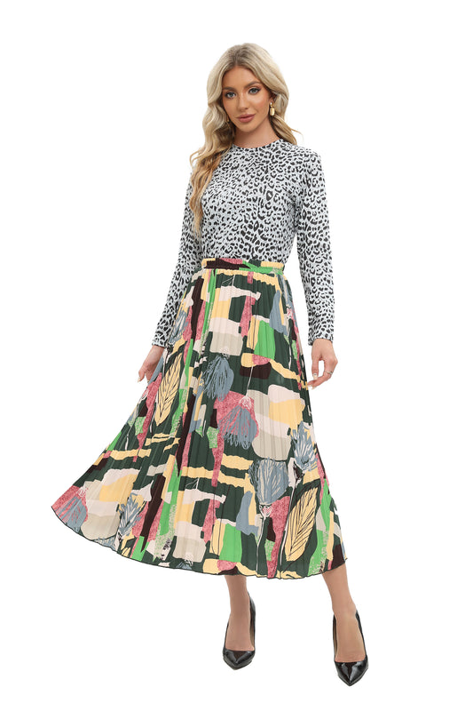 Colorful Print Midi Pleated Skirt