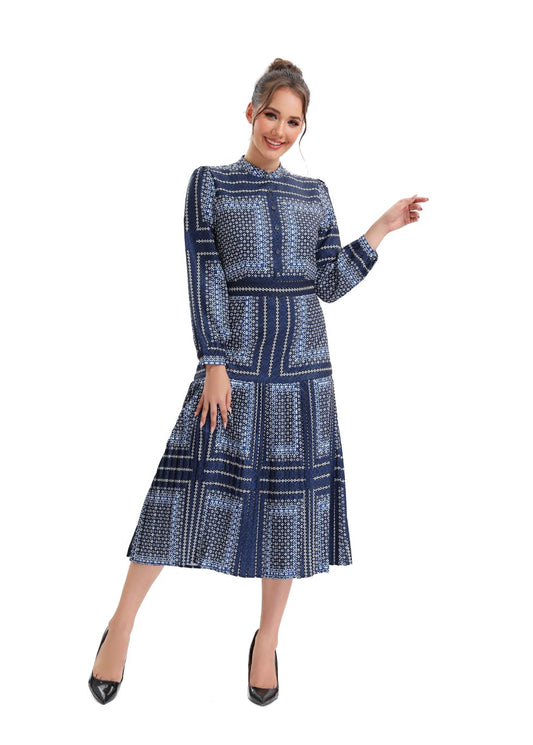 Navy Blue Vibrant  Pleated Midi Dress