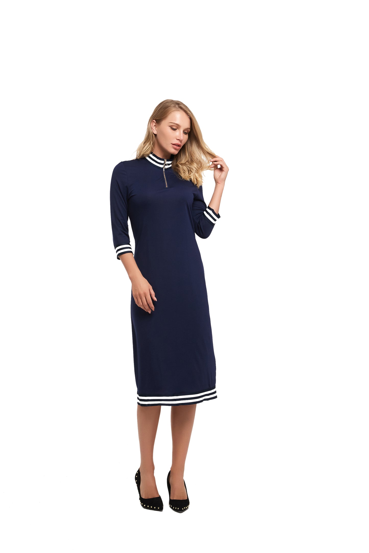 Modest Dress with 3/4 Sleeve and Striped Band Detail - alamaud