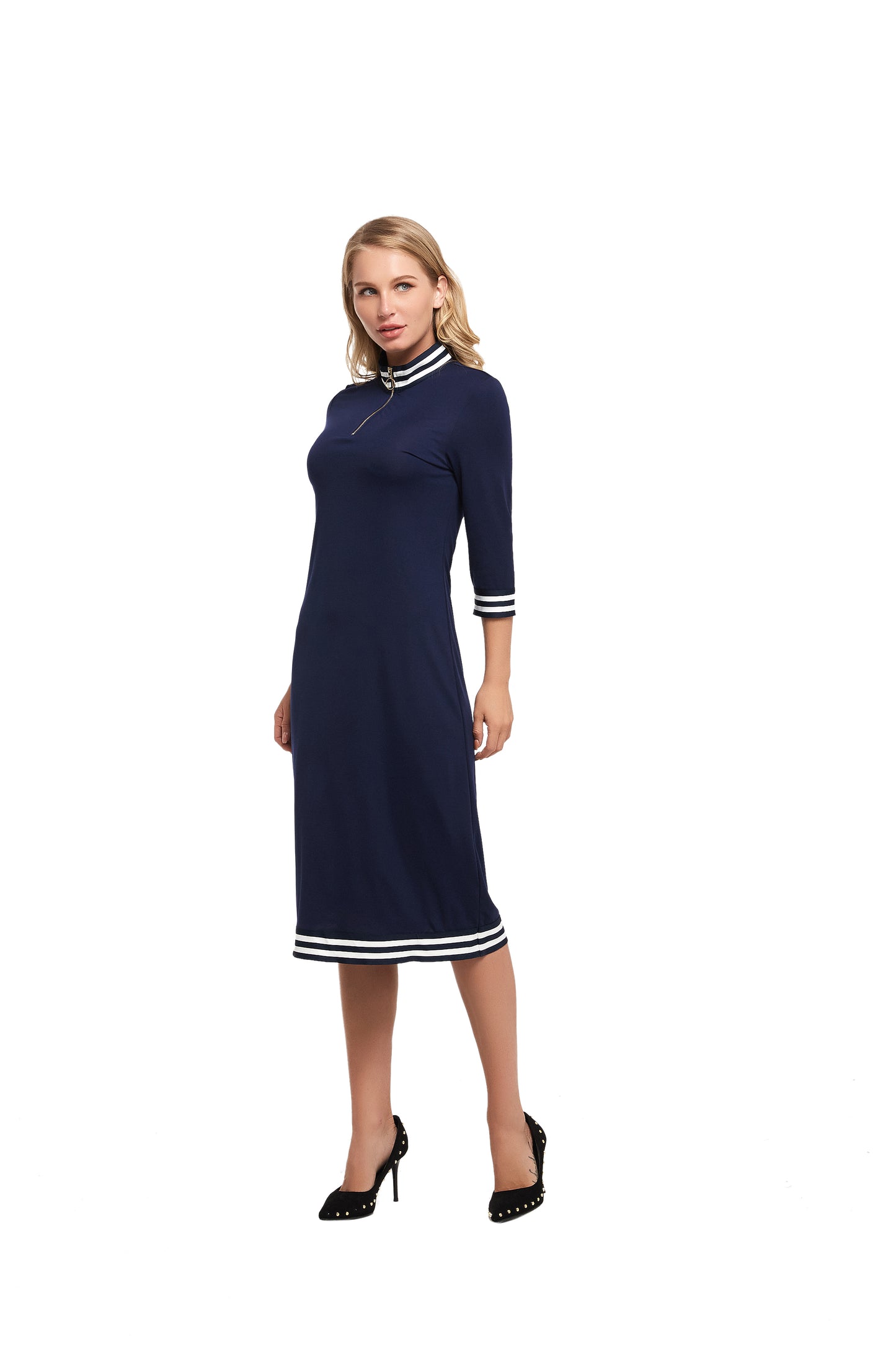 Modest Dress with 3/4 Sleeve and Striped Band Detail - alamaud