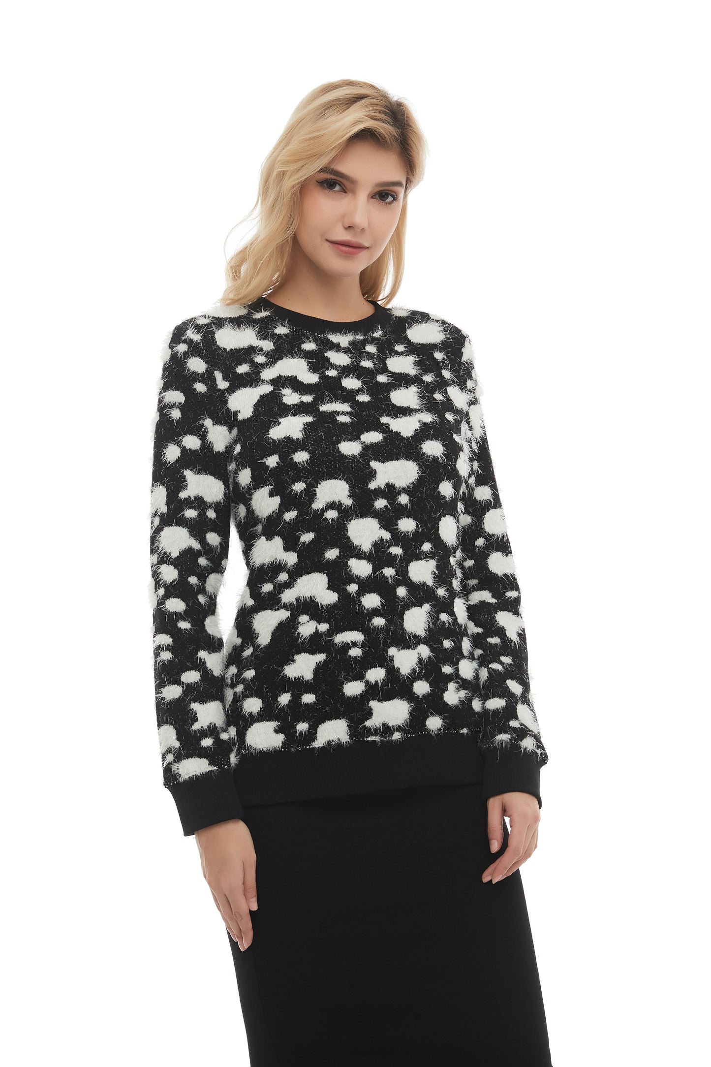 Long Sleeve Modest Mohair Black & White Sweater Top - seilerlanguageservices