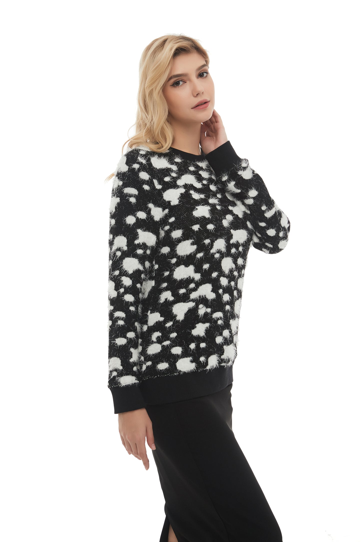 Long Sleeve Modest Mohair Black & White Sweater Top - alamaud