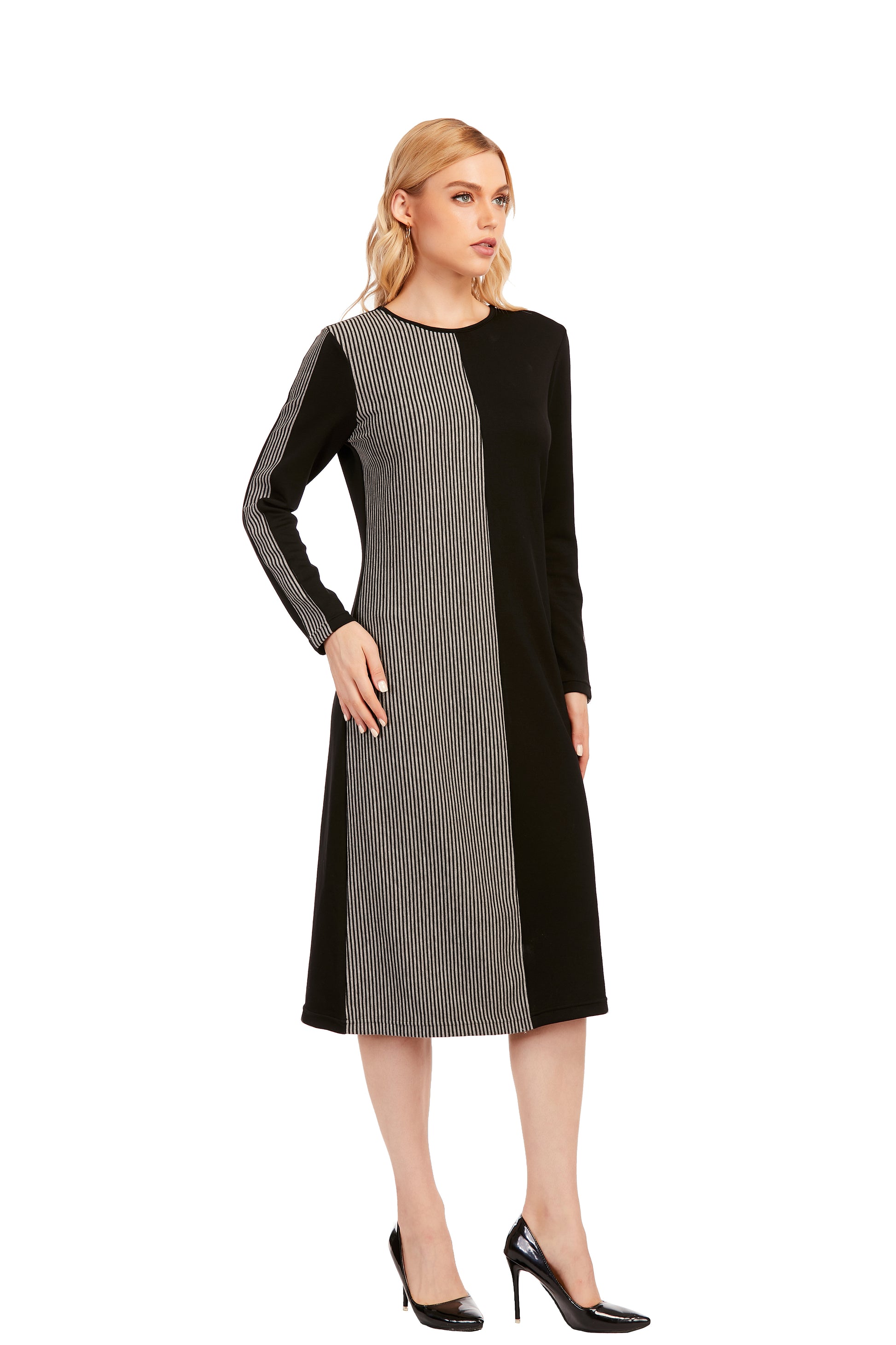 Striped & Solid Modest Knitted Long Sleeve Dress - alamaud