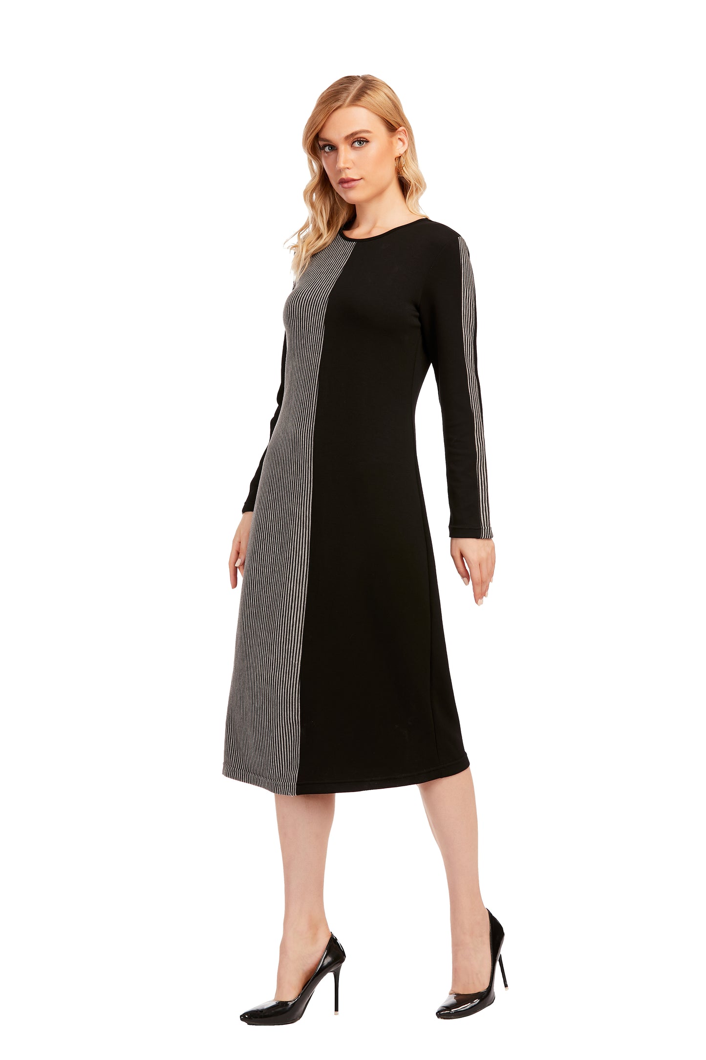 Striped & Solid Modest Knitted Long Sleeve Dress - alamaud