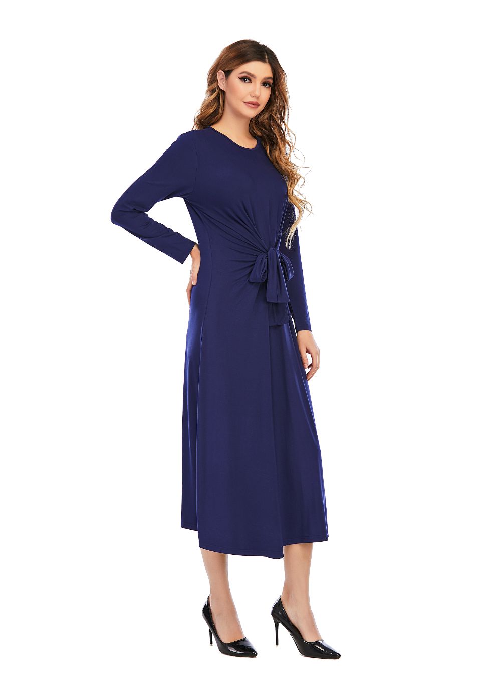 Long sleeve Knit Tie Front Midi Dress - alamaud