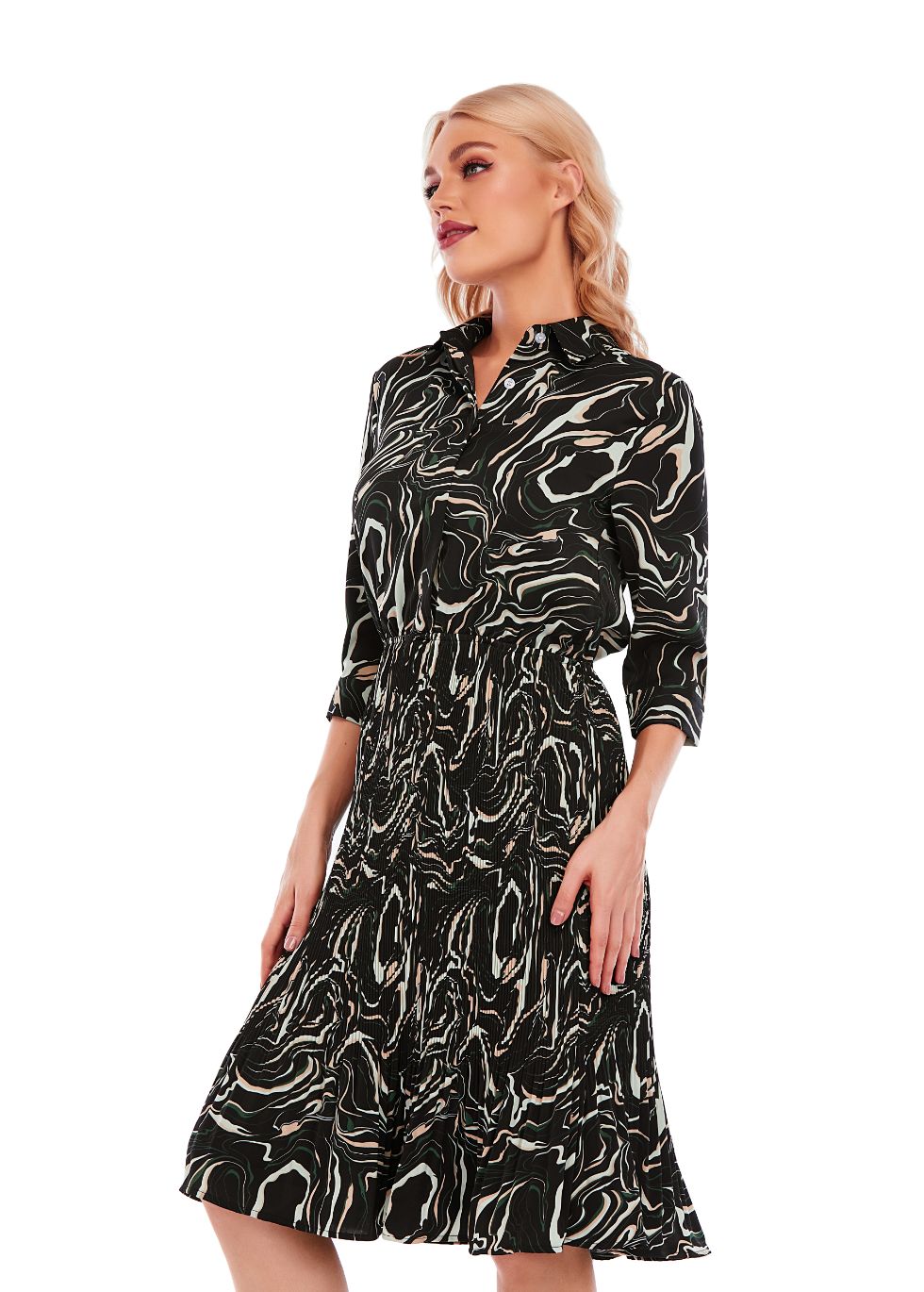 Micro Pleated Skirt Print Dress with 3/4 Sleeve and Button Down Top - seilerlanguageservices