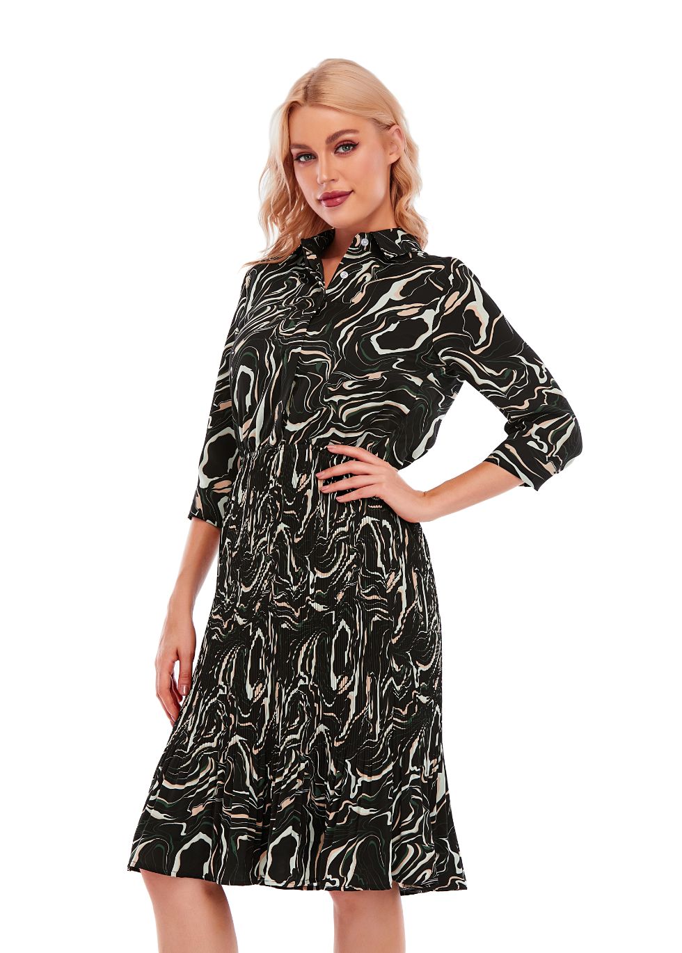 Micro Pleated Skirt Print Dress with 3/4 Sleeve and Button Down Top - alamaud