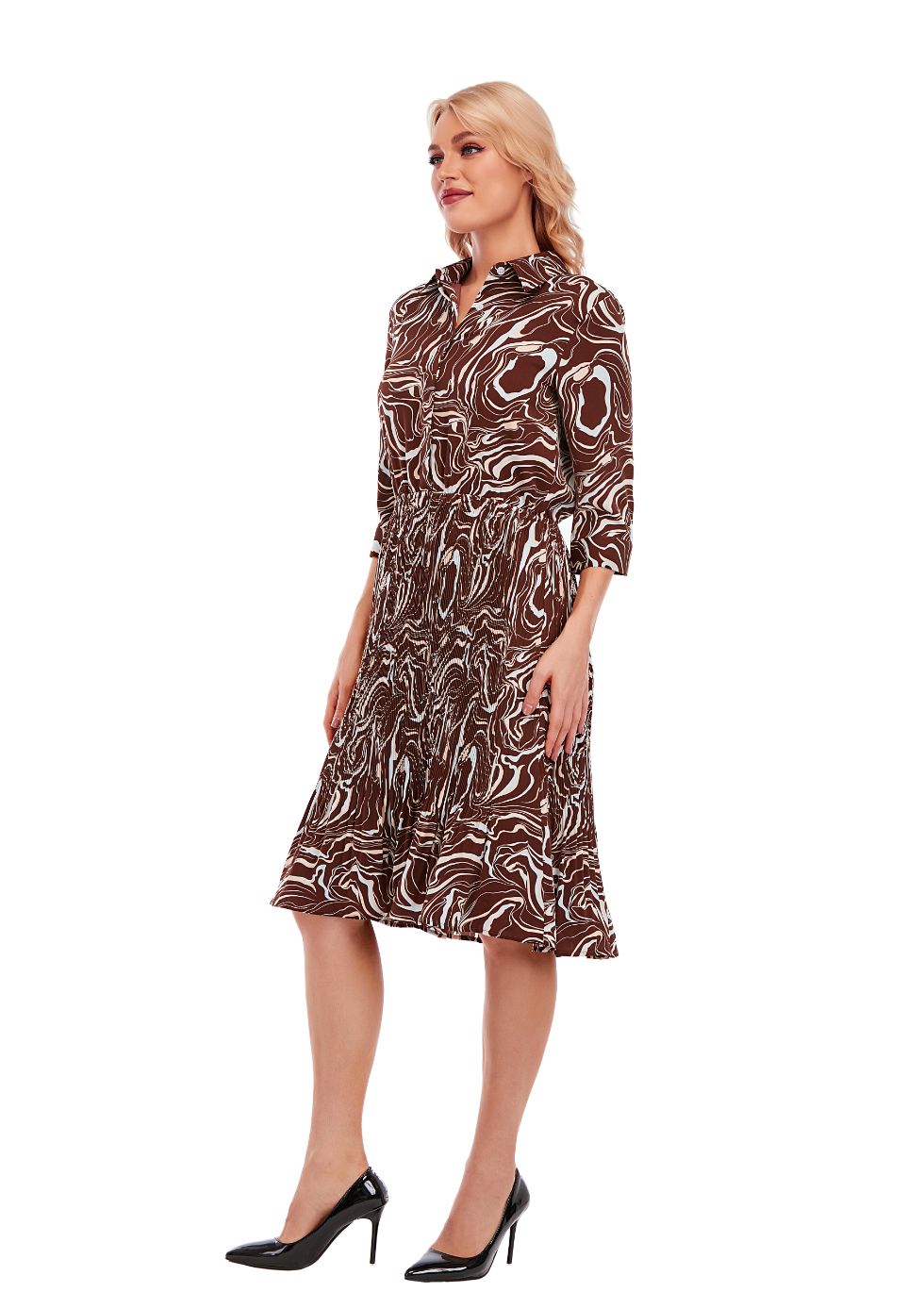 Micro Pleated Skirt Print Dress with 3/4 Sleeve and Button Down Top - alamaud