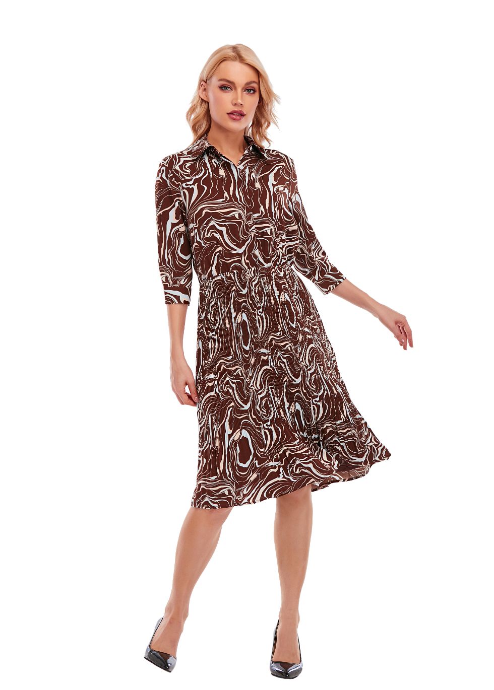 Micro Pleated Skirt Print Dress with 3/4 Sleeve and Button Down Top - seilerlanguageservices