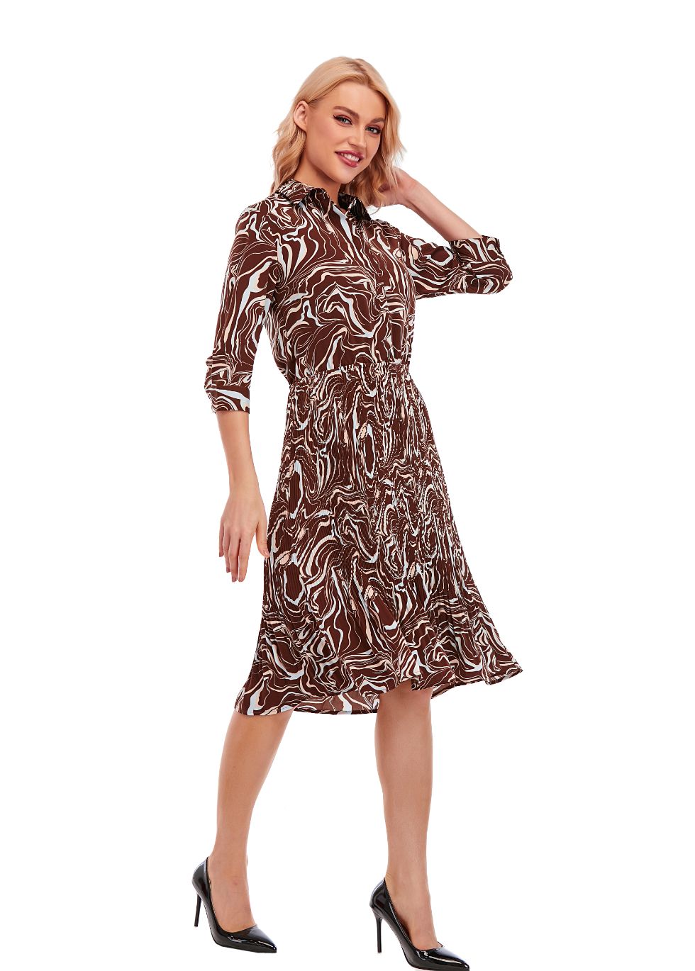 Micro Pleated Skirt Print Dress with 3/4 Sleeve and Button Down Top - seilerlanguageservices